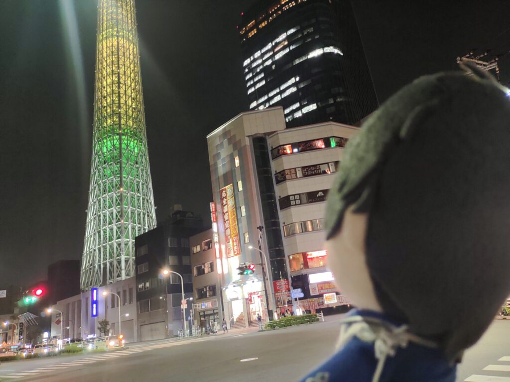 スカイツリーを見上げる恭二ぬい